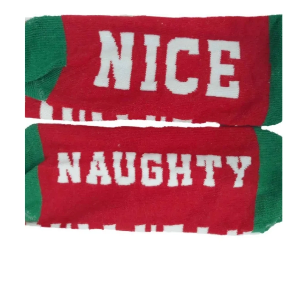 Womens Naughty Nice Striped Christmas Fuzzy Cuff Holiday Knee High Socks